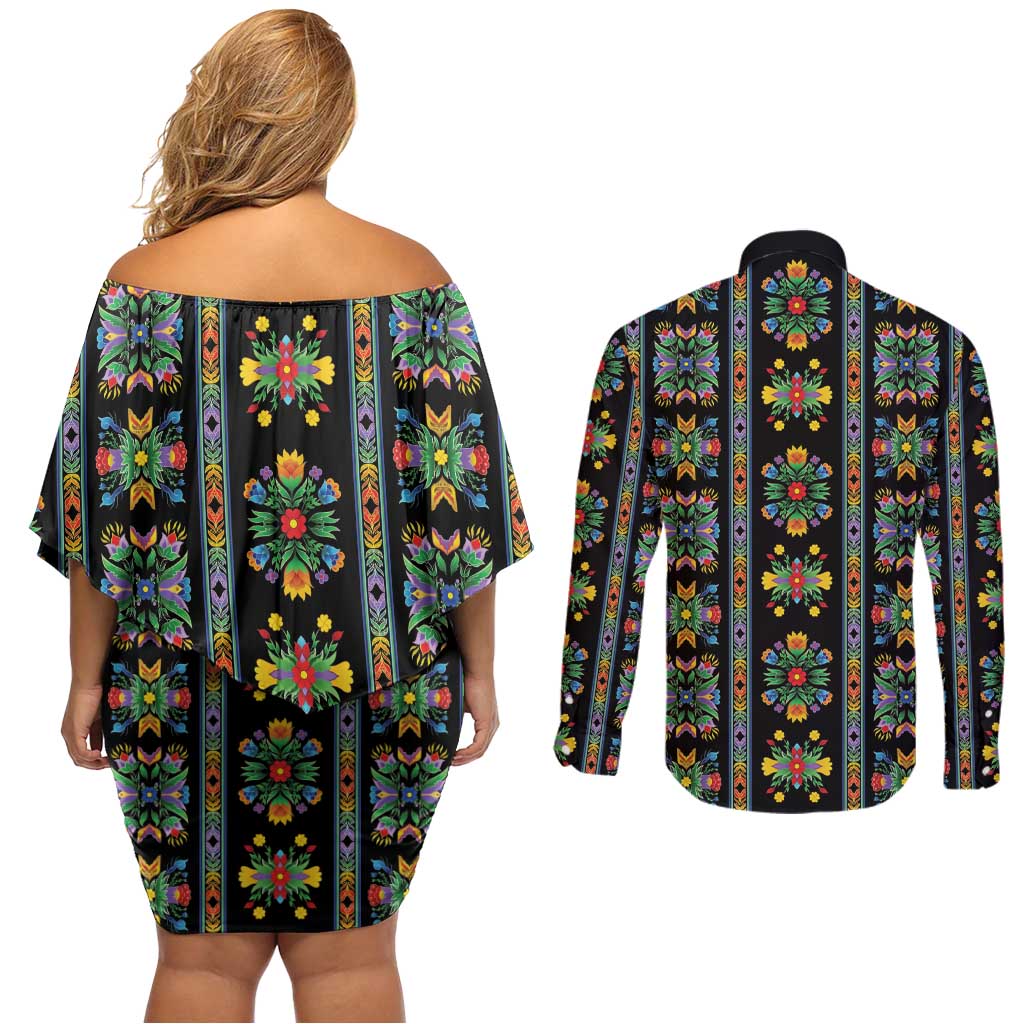 Regalia Stripe Floral Pattern Couples Matching Off Shoulder Short Dress and Long Sleeve Button Shirt Colorful Attractive - Wonder Print Shop