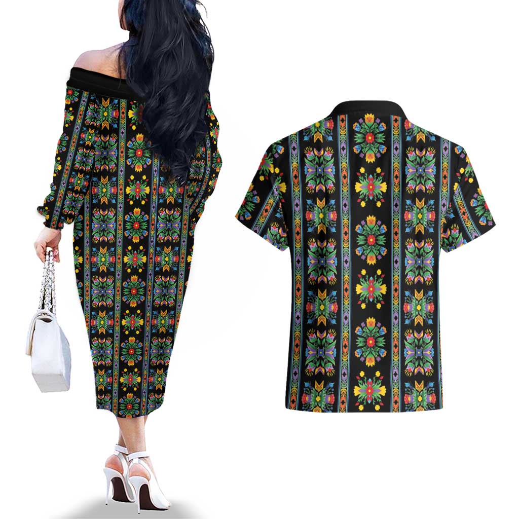 Regalia Stripe Floral Pattern Couples Matching Off The Shoulder Long Sleeve Dress and Hawaiian Shirt Colorful Attractive - Wonder Print Shop
