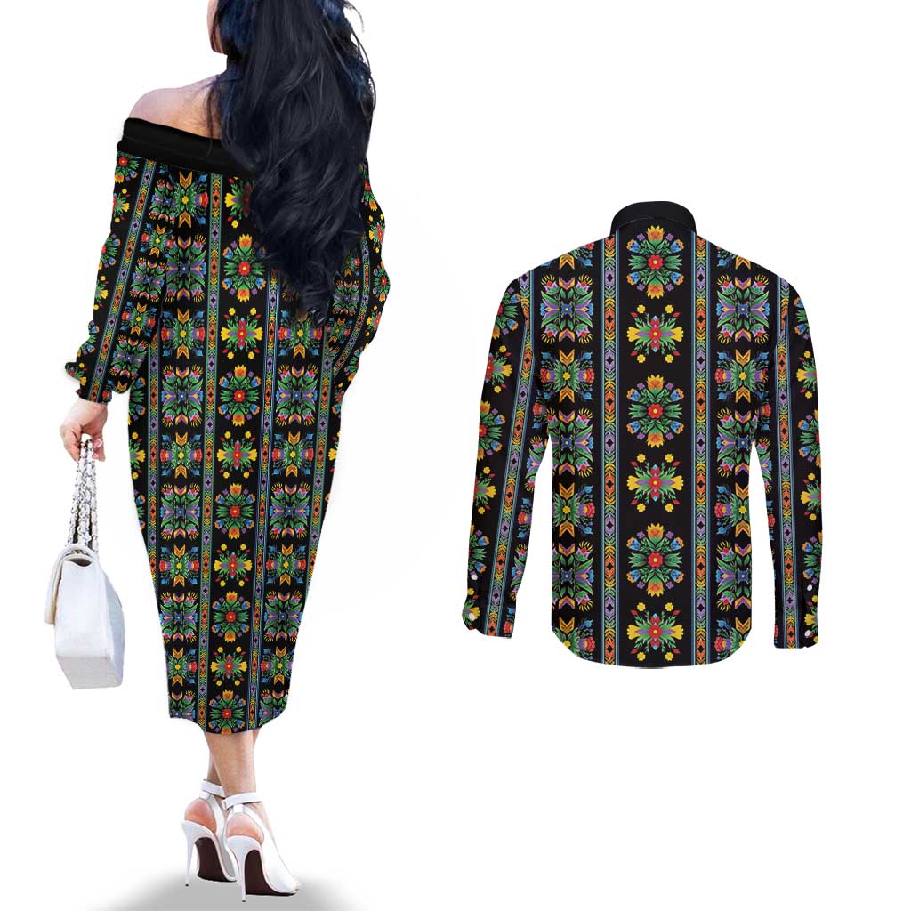 Regalia Stripe Floral Pattern Couples Matching Off The Shoulder Long Sleeve Dress and Long Sleeve Button Shirt Colorful Attractive - Wonder Print Shop