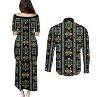 Regalia Stripe Floral Pattern Couples Matching Puletasi and Long Sleeve Button Shirt Colorful Attractive - Wonder Print Shop