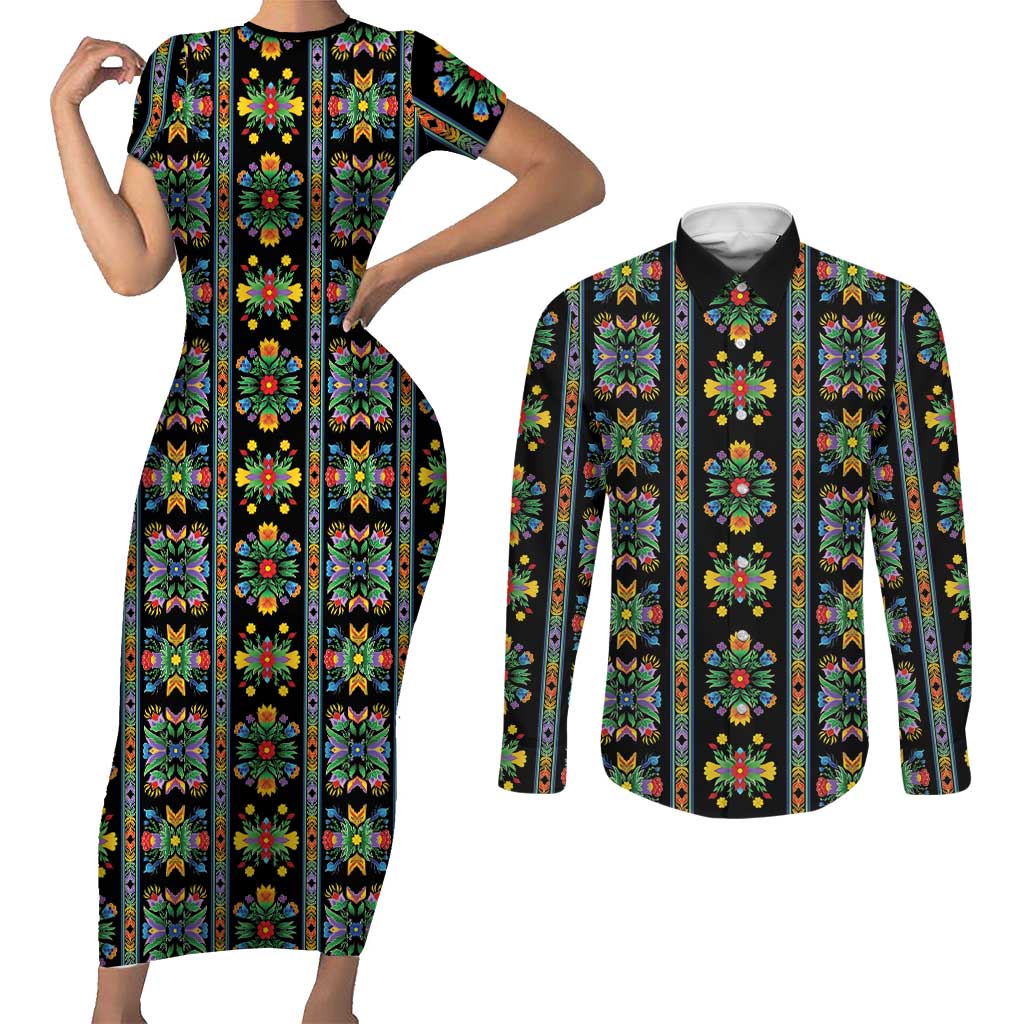 Regalia Stripe Floral Pattern Couples Matching Short Sleeve Bodycon Dress and Long Sleeve Button Shirt Colorful Attractive - Wonder Print Shop