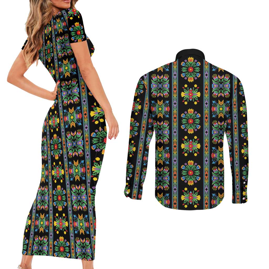 Regalia Stripe Floral Pattern Couples Matching Short Sleeve Bodycon Dress and Long Sleeve Button Shirt Colorful Attractive - Wonder Print Shop