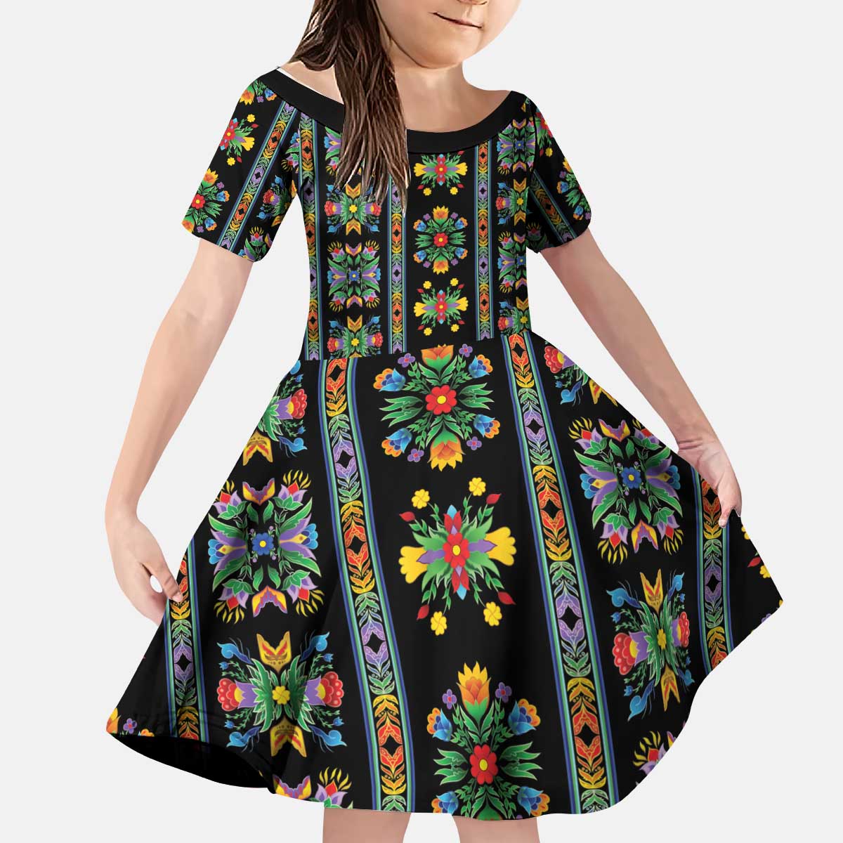 Regalia Stripe Floral Pattern Kid Short Sleeve Dress Colorful Attractive - Wonder Print Shop
