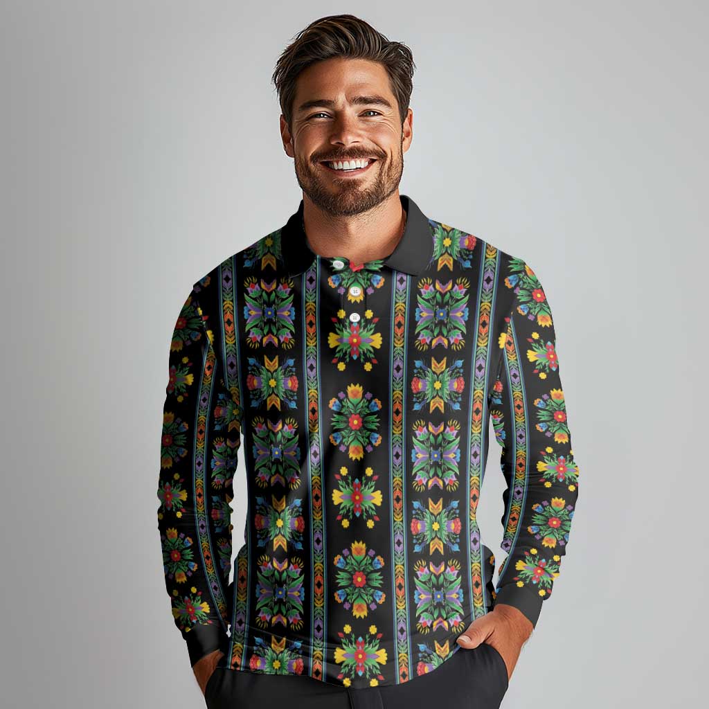 Regalia Stripe Floral Pattern Long Sleeve Polo Shirt Colorful Attractive - Wonder Print Shop