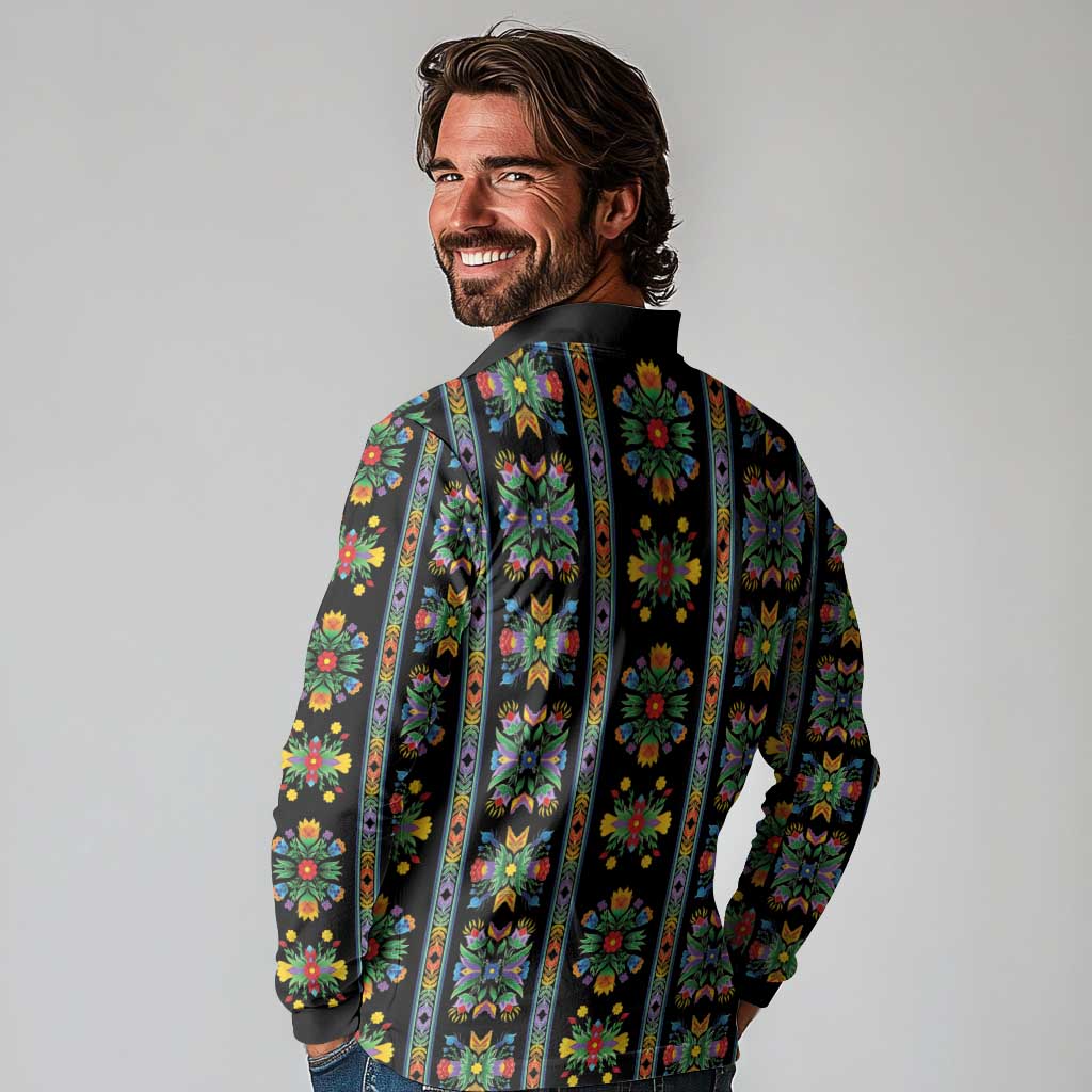 Regalia Stripe Floral Pattern Long Sleeve Polo Shirt Colorful Attractive - Wonder Print Shop