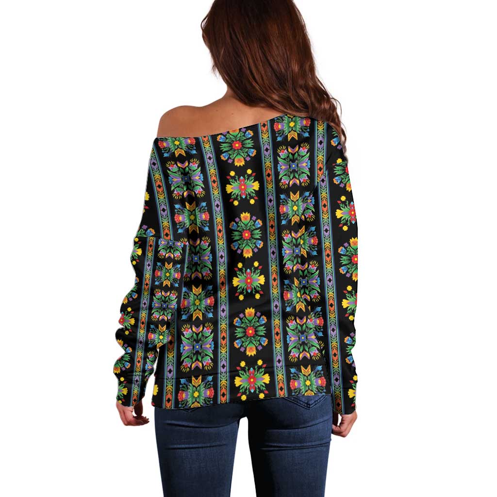 Regalia Stripe Floral Pattern Off Shoulder Sweater Colorful Attractive - Wonder Print Shop