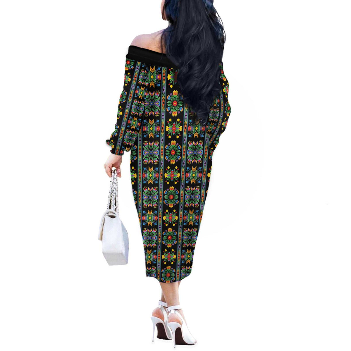 Regalia Stripe Floral Pattern Off The Shoulder Long Sleeve Dress Colorful Attractive - Wonder Print Shop
