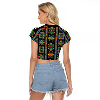 Regalia Stripe Floral Pattern Raglan Cropped T Shirt Colorful Attractive - Wonder Print Shop