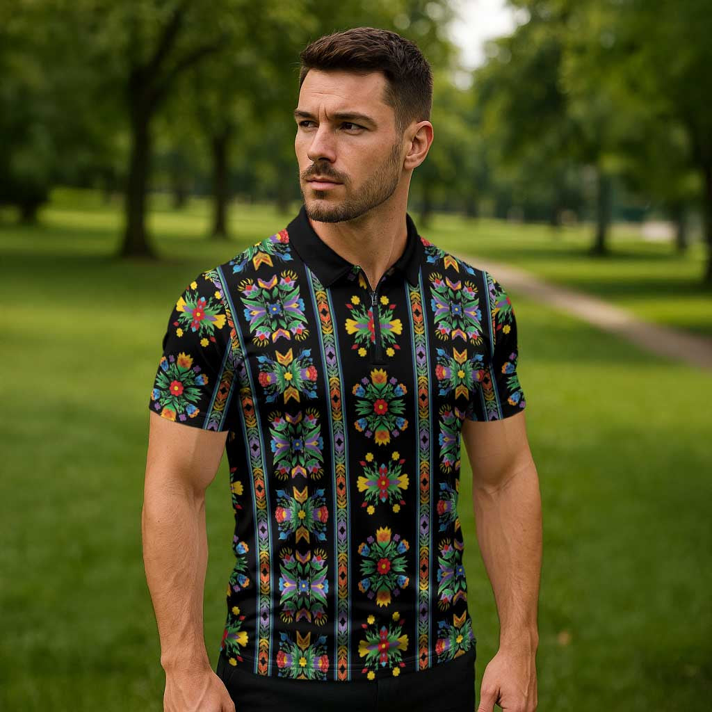 Regalia Stripe Floral Pattern Zipper Polo Shirt Colorful Attractive - Wonder Print Shop