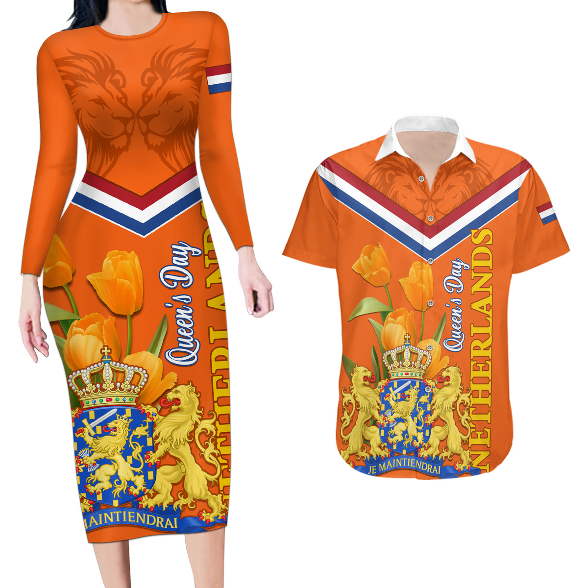 Netherlands Queen Day 2024 Couples Matching Long Sleeve Bodycon Dress and Hawaiian Shirt Nederland Koningsdag Orange Tulips - Wonder Print Shop