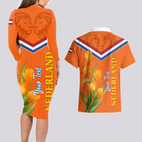 Netherlands Queen Day 2024 Couples Matching Long Sleeve Bodycon Dress and Hawaiian Shirt Nederland Koningsdag Orange Tulips - Wonder Print Shop