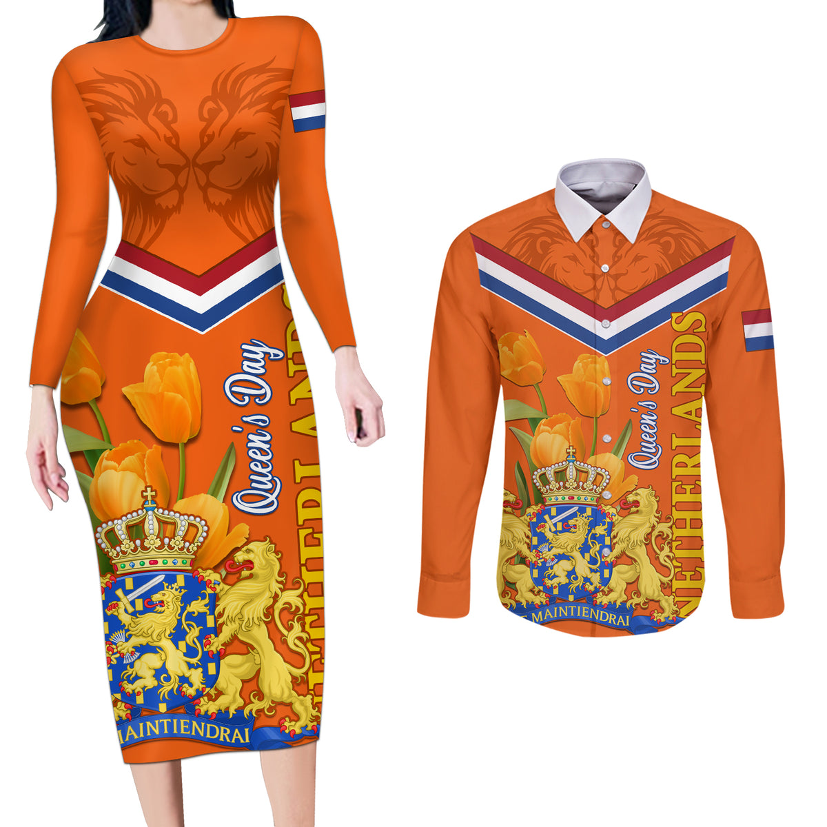 Netherlands Queen Day 2024 Couples Matching Long Sleeve Bodycon Dress and Long Sleeve Button Shirt Nederland Koningsdag Orange Tulips - Wonder Print Shop