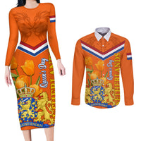 Netherlands Queen Day 2024 Couples Matching Long Sleeve Bodycon Dress and Long Sleeve Button Shirt Nederland Koningsdag Orange Tulips - Wonder Print Shop
