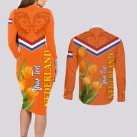 Netherlands Queen Day 2024 Couples Matching Long Sleeve Bodycon Dress and Long Sleeve Button Shirt Nederland Koningsdag Orange Tulips - Wonder Print Shop
