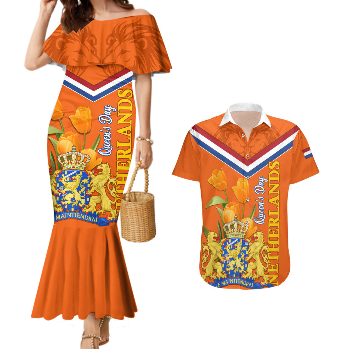 Netherlands Queen Day 2024 Couples Matching Mermaid Dress and Hawaiian Shirt Nederland Koningsdag Orange Tulips - Wonder Print Shop