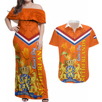 Netherlands Queen Day 2024 Couples Matching Off Shoulder Maxi Dress and Hawaiian Shirt Nederland Koningsdag Orange Tulips - Wonder Print Shop
