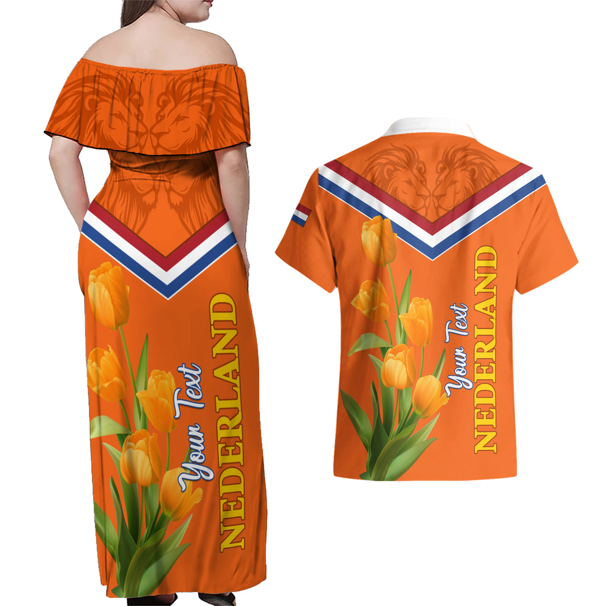 Netherlands Queen Day 2024 Couples Matching Off Shoulder Maxi Dress and Hawaiian Shirt Nederland Koningsdag Orange Tulips - Wonder Print Shop