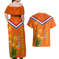 Netherlands Queen Day 2024 Couples Matching Off Shoulder Maxi Dress and Hawaiian Shirt Nederland Koningsdag Orange Tulips - Wonder Print Shop