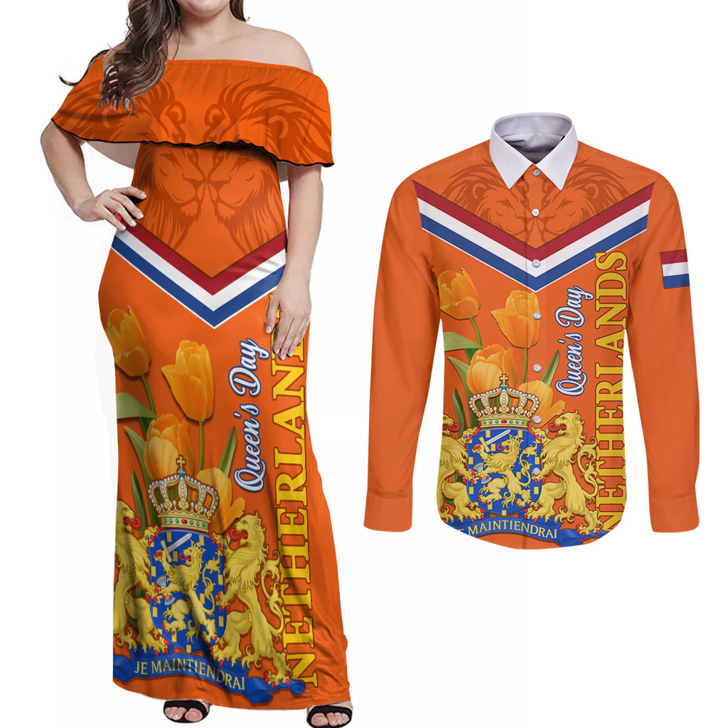 Netherlands Queen Day 2024 Couples Matching Off Shoulder Maxi Dress and Long Sleeve Button Shirt Nederland Koningsdag Orange Tulips - Wonder Print Shop