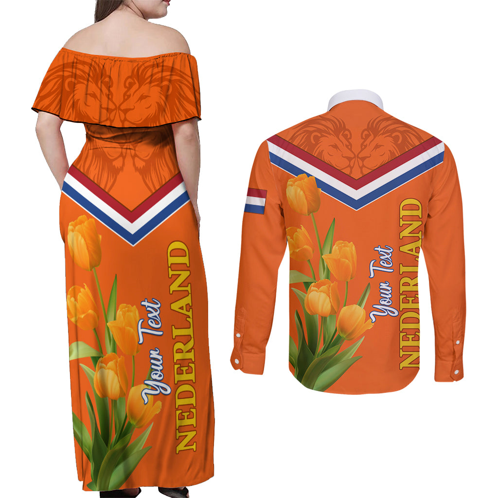 Netherlands Queen Day 2024 Couples Matching Off Shoulder Maxi Dress and Long Sleeve Button Shirt Nederland Koningsdag Orange Tulips - Wonder Print Shop