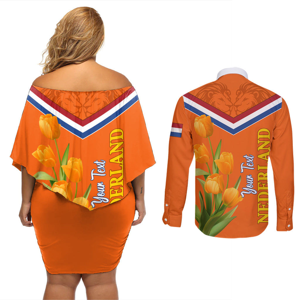 Netherlands Queen Day 2024 Couples Matching Off Shoulder Short Dress and Long Sleeve Button Shirt Nederland Koningsdag Orange Tulips - Wonder Print Shop
