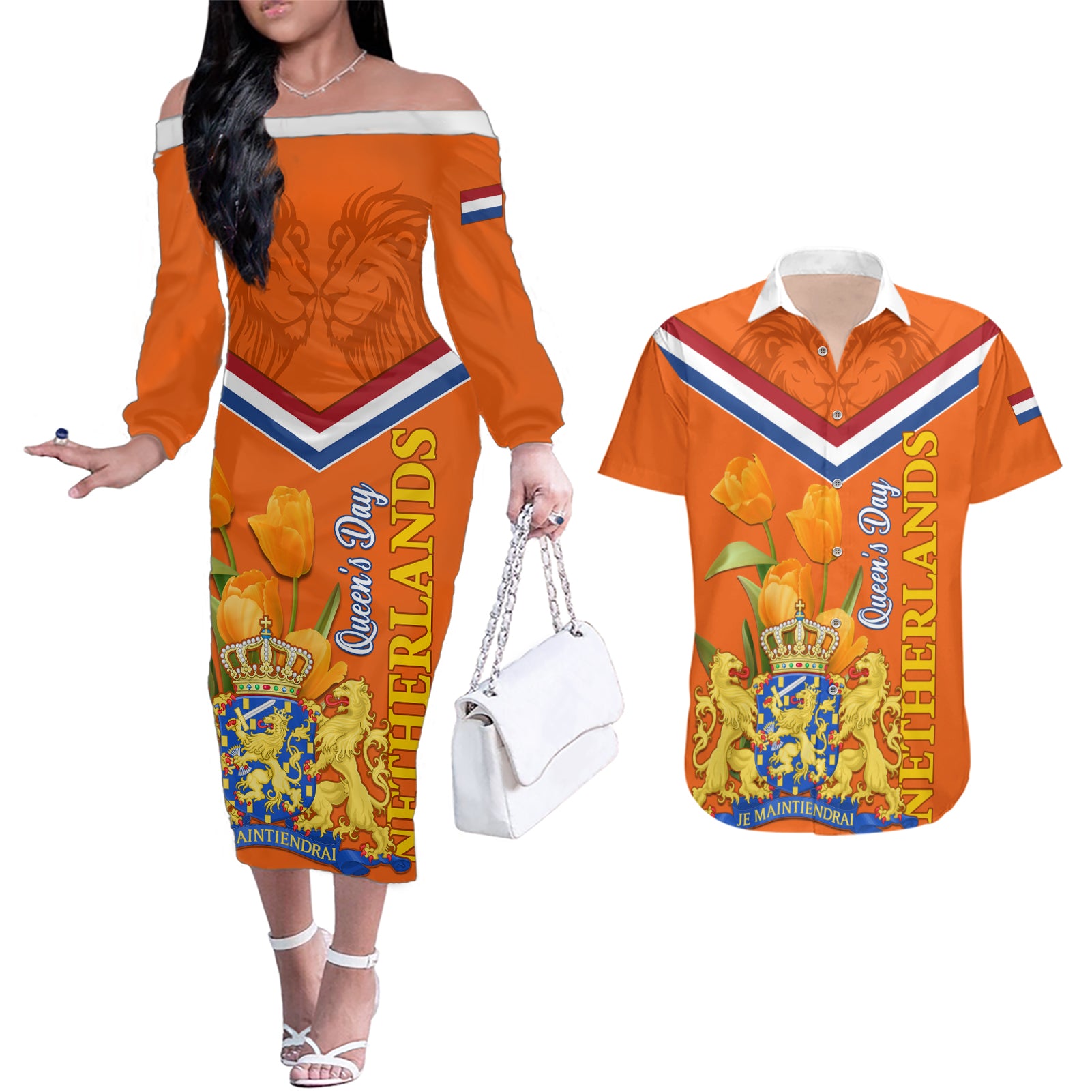 Netherlands Queen Day 2024 Couples Matching Off The Shoulder Long Sleeve Dress and Hawaiian Shirt Nederland Koningsdag Orange Tulips