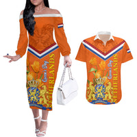 Netherlands Queen Day 2024 Couples Matching Off The Shoulder Long Sleeve Dress and Hawaiian Shirt Nederland Koningsdag Orange Tulips - Wonder Print Shop