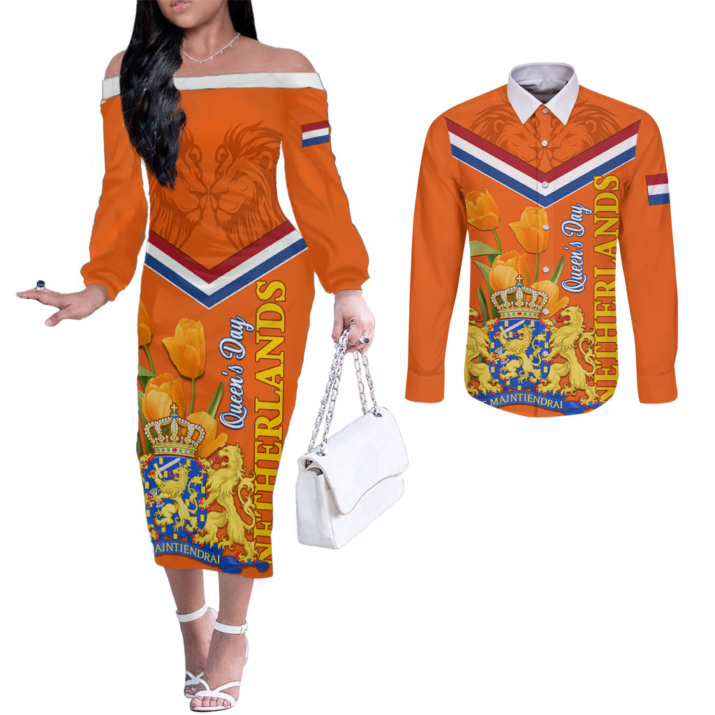 Netherlands Queen Day 2024 Couples Matching Off The Shoulder Long Sleeve Dress and Long Sleeve Button Shirt Nederland Koningsdag Orange Tulips
