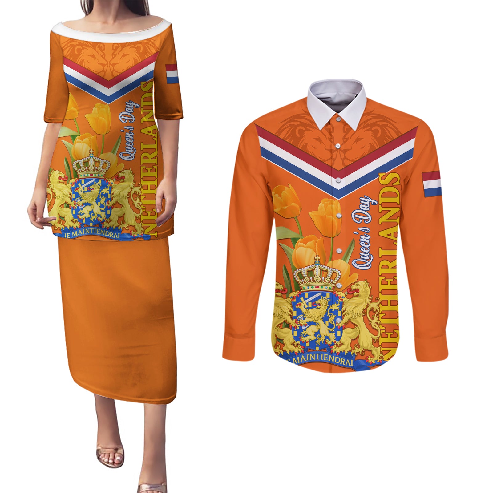 Netherlands Queen Day 2024 Couples Matching Puletasi and Long Sleeve Button Shirt Nederland Koningsdag Orange Tulips