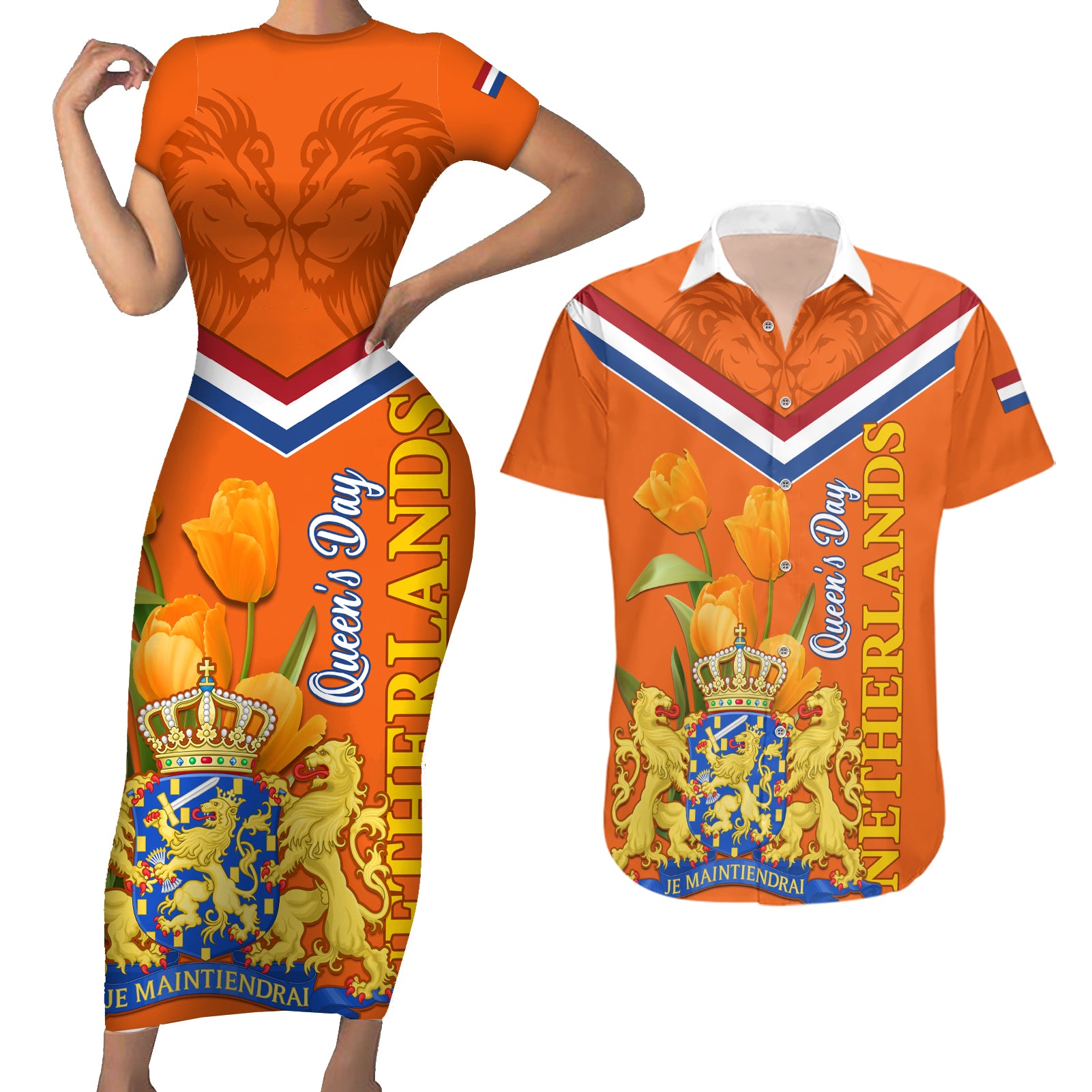 Netherlands Queen Day 2024 Couples Matching Short Sleeve Bodycon Dress and Hawaiian Shirt Nederland Koningsdag Orange Tulips