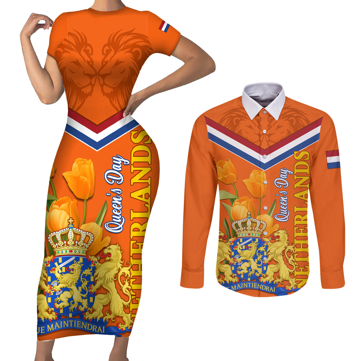 Netherlands Queen Day 2024 Couples Matching Short Sleeve Bodycon Dress and Long Sleeve Button Shirt Nederland Koningsdag Orange Tulips - Wonder Print Shop