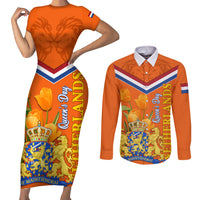 Netherlands Queen Day 2024 Couples Matching Short Sleeve Bodycon Dress and Long Sleeve Button Shirt Nederland Koningsdag Orange Tulips - Wonder Print Shop