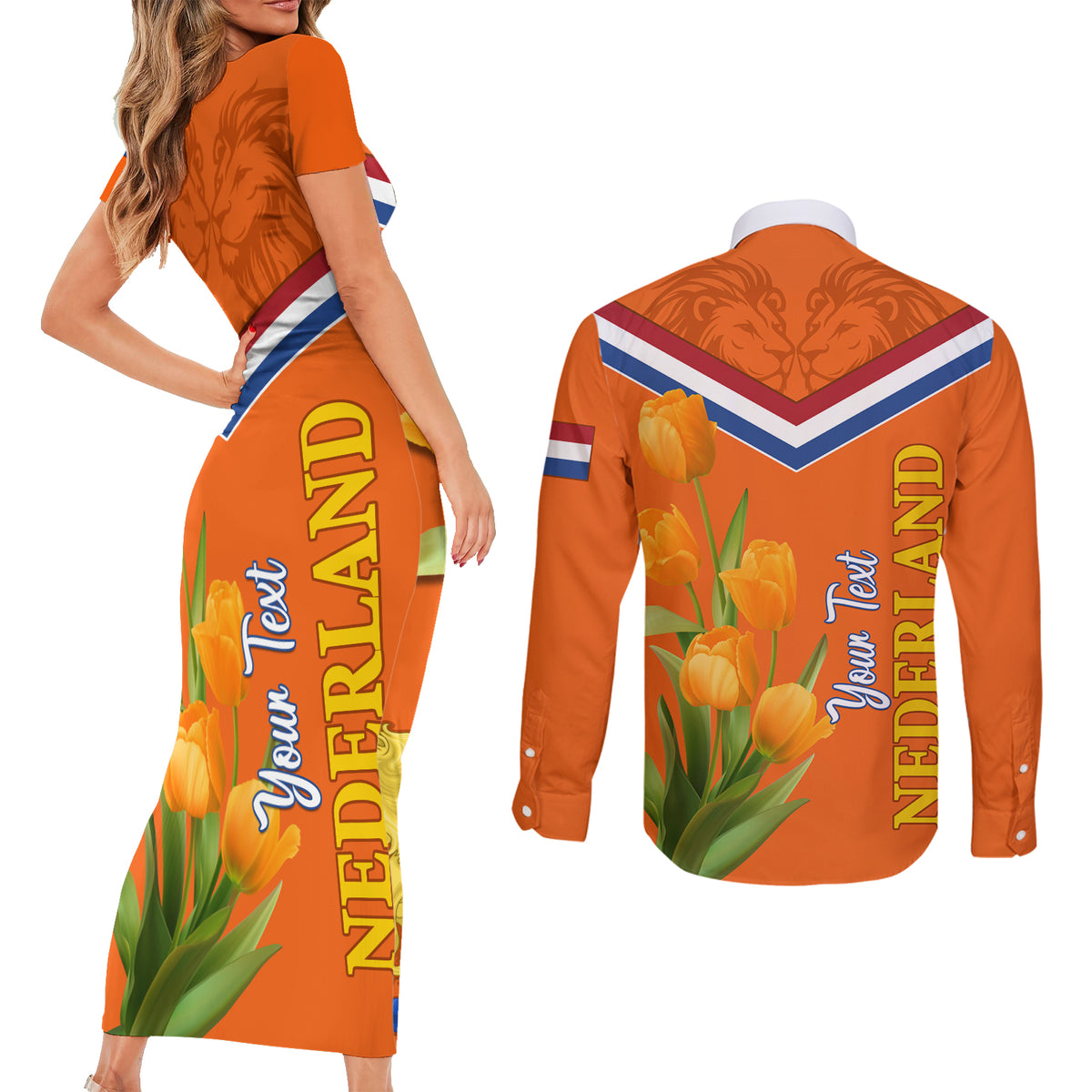 Netherlands Queen Day 2024 Couples Matching Short Sleeve Bodycon Dress and Long Sleeve Button Shirt Nederland Koningsdag Orange Tulips - Wonder Print Shop