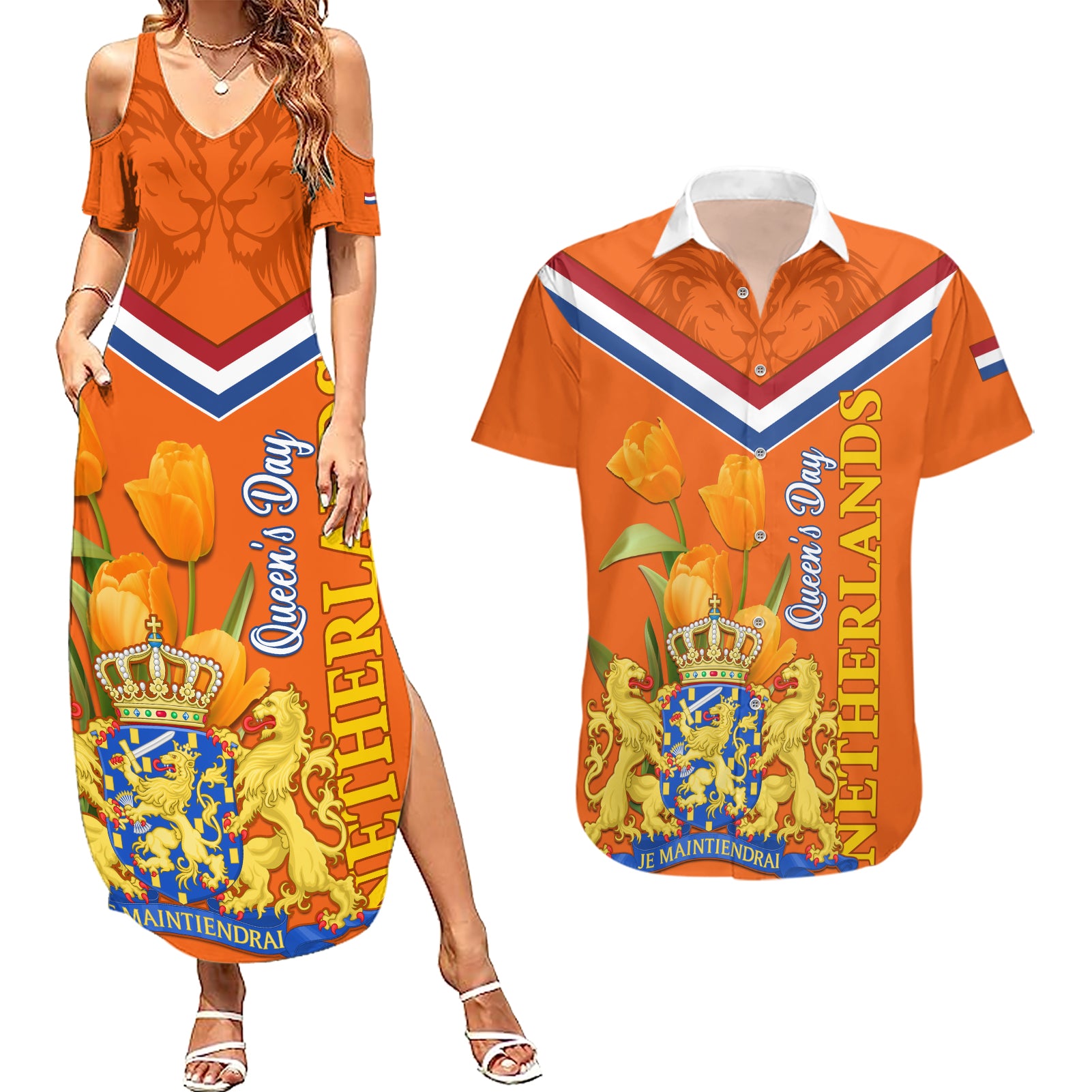 Netherlands Queen Day 2024 Couples Matching Summer Maxi Dress and Hawaiian Shirt Nederland Koningsdag Orange Tulips