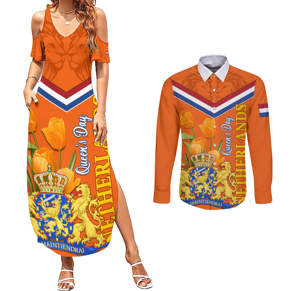Netherlands Queen Day 2024 Couples Matching Summer Maxi Dress and Long Sleeve Button Shirt Nederland Koningsdag Orange Tulips - Wonder Print Shop