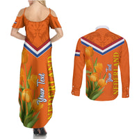 Netherlands Queen Day 2024 Couples Matching Summer Maxi Dress and Long Sleeve Button Shirt Nederland Koningsdag Orange Tulips - Wonder Print Shop