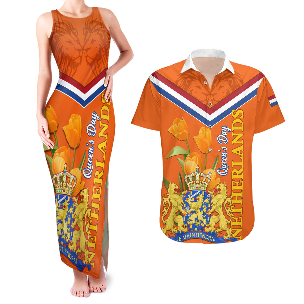 Netherlands Queen Day 2024 Couples Matching Tank Maxi Dress and Hawaiian Shirt Nederland Koningsdag Orange Tulips - Wonder Print Shop