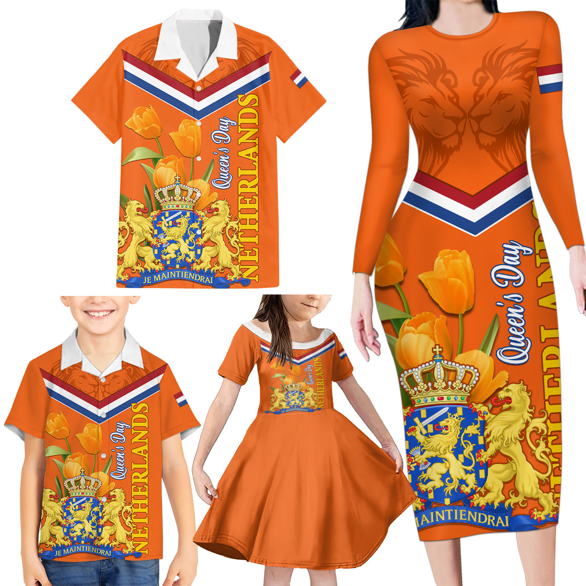 Netherlands Queen Day 2024 Family Matching Long Sleeve Bodycon Dress and Hawaiian Shirt Nederland Koningsdag Orange Tulips - Wonder Print Shop