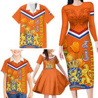 Netherlands Queen Day 2024 Family Matching Long Sleeve Bodycon Dress and Hawaiian Shirt Nederland Koningsdag Orange Tulips - Wonder Print Shop