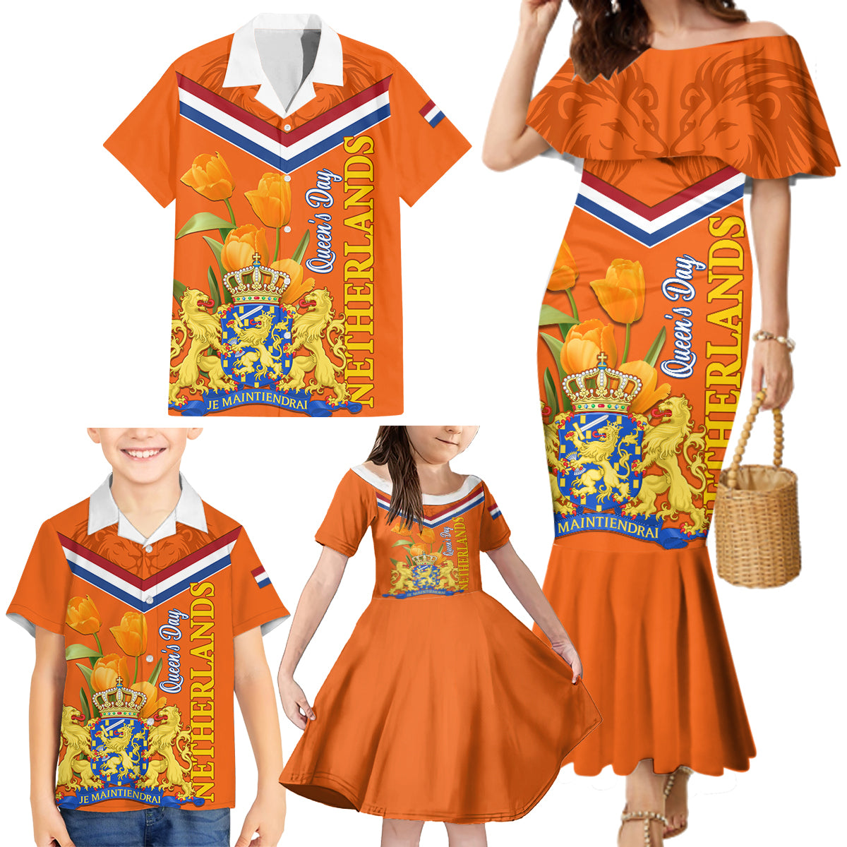 Netherlands Queen Day 2024 Family Matching Mermaid Dress and Hawaiian Shirt Nederland Koningsdag Orange Tulips