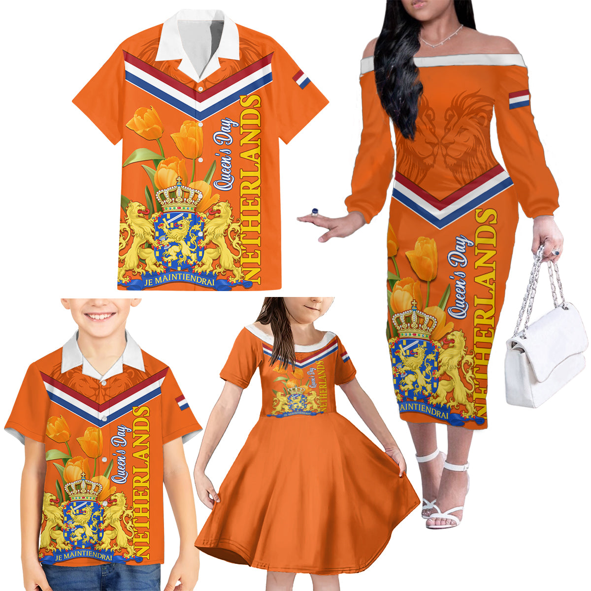 Netherlands Queen Day 2024 Family Matching Off Shoulder Long Sleeve Dress and Hawaiian Shirt Nederland Koningsdag Orange Tulips - Wonder Print Shop