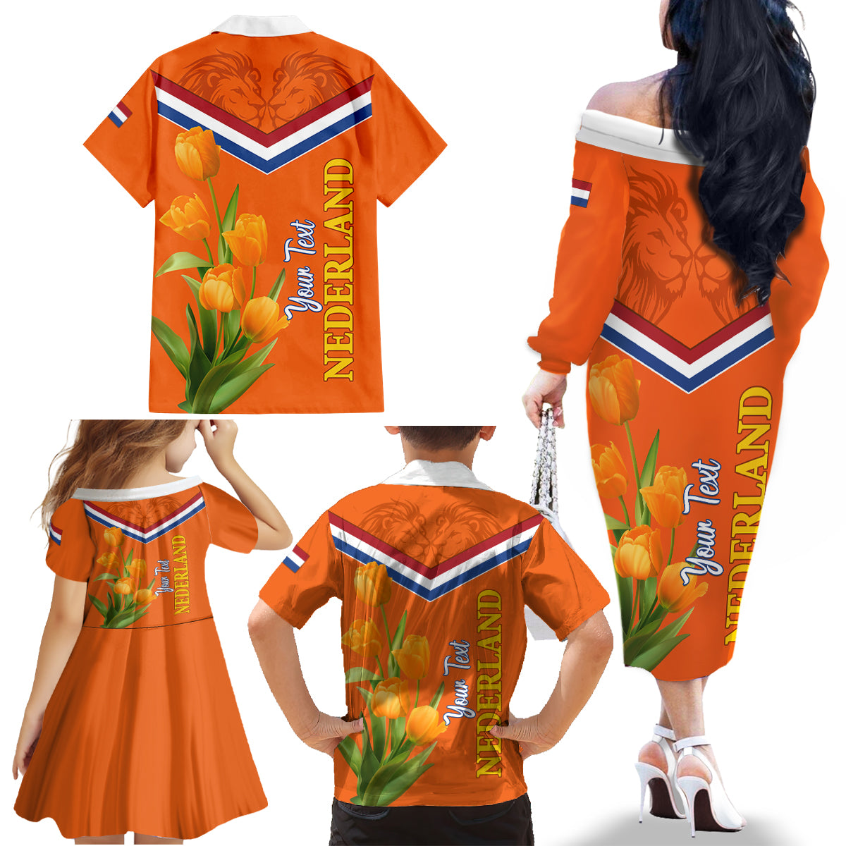 Netherlands Queen Day 2024 Family Matching Off Shoulder Long Sleeve Dress and Hawaiian Shirt Nederland Koningsdag Orange Tulips - Wonder Print Shop