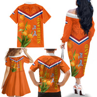 Netherlands Queen Day 2024 Family Matching Off Shoulder Long Sleeve Dress and Hawaiian Shirt Nederland Koningsdag Orange Tulips - Wonder Print Shop
