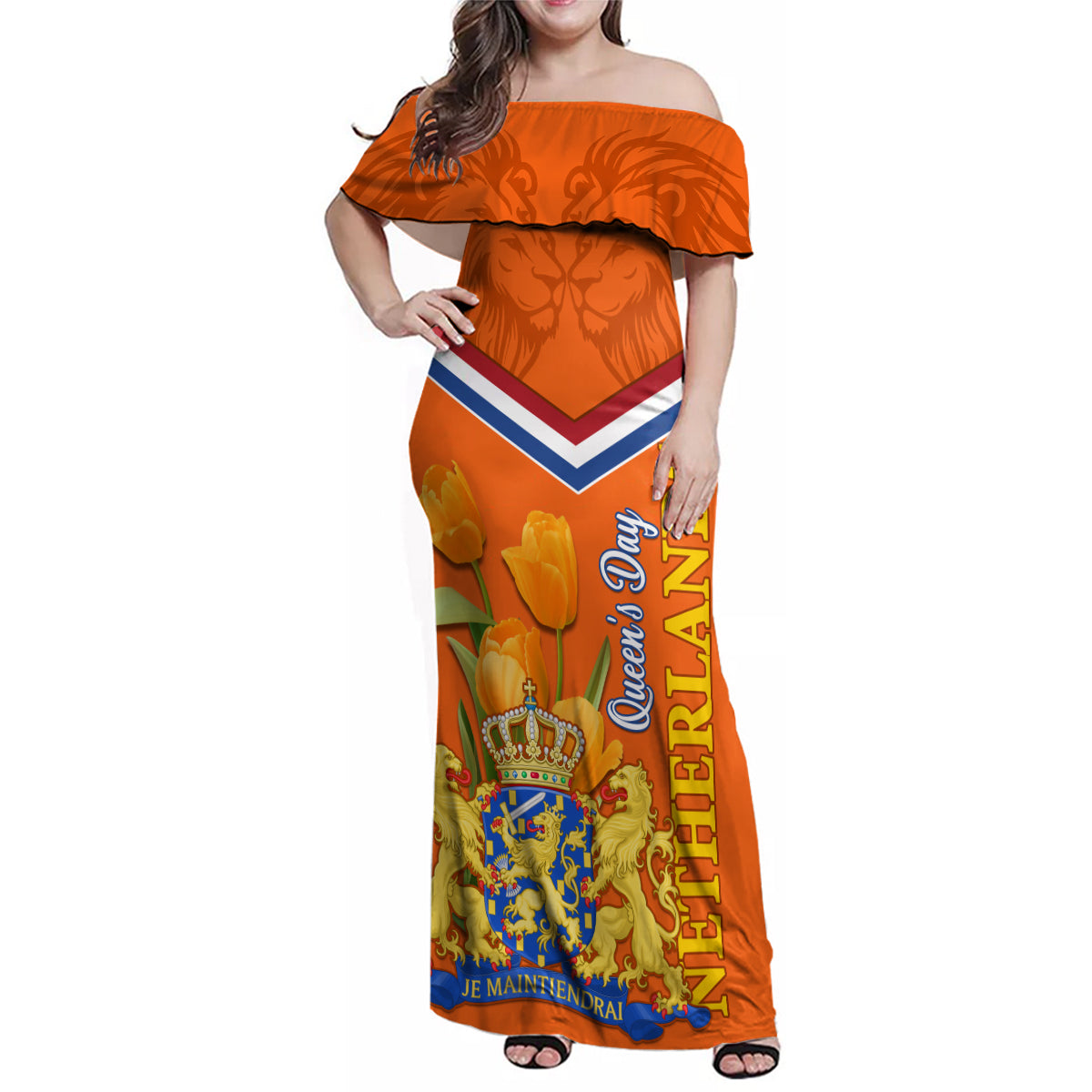 Netherlands Queen Day 2024 Family Matching Off Shoulder Maxi Dress and Hawaiian Shirt Nederland Koningsdag Orange Tulips - Wonder Print Shop