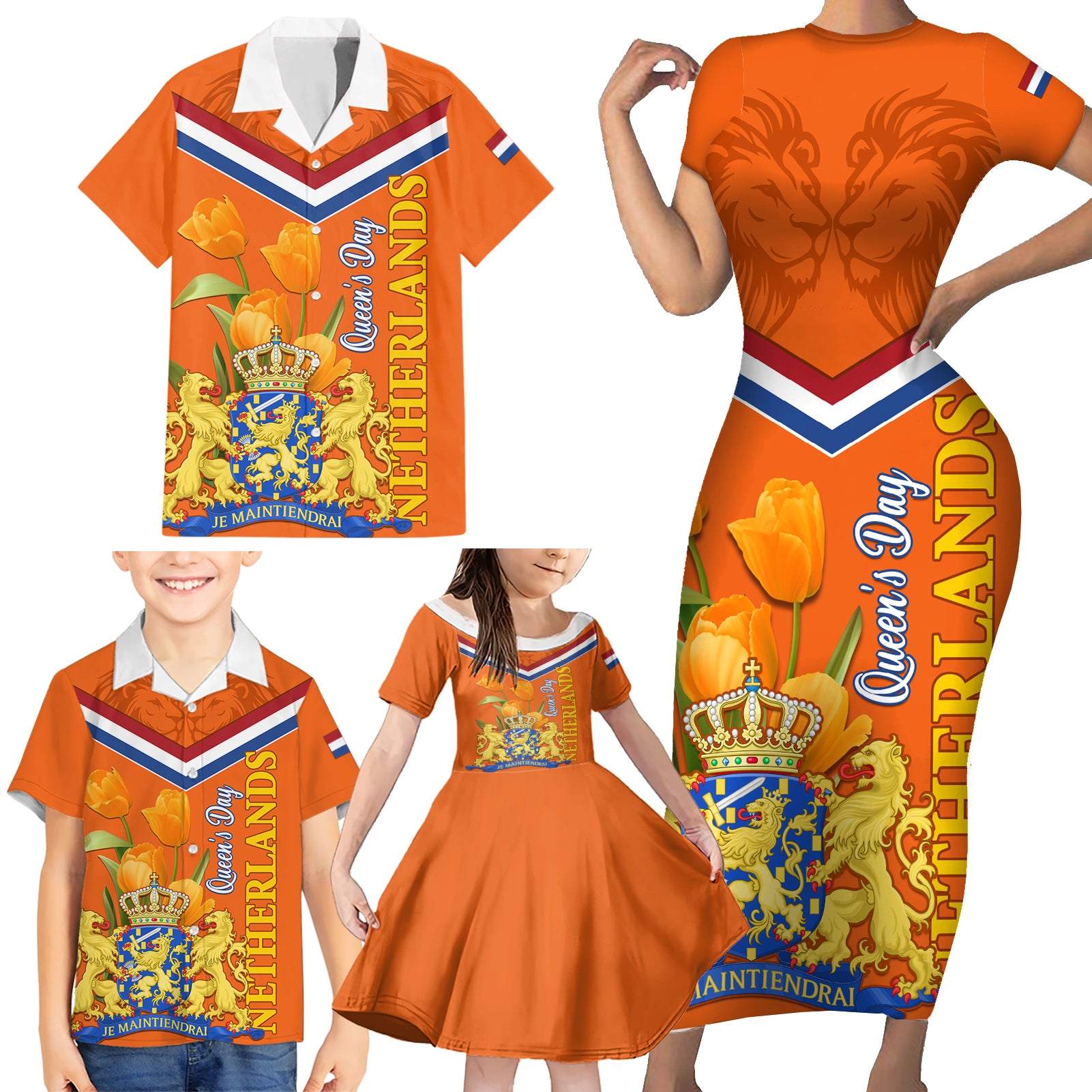 Netherlands Queen Day 2024 Family Matching Short Sleeve Bodycon Dress and Hawaiian Shirt Nederland Koningsdag Orange Tulips