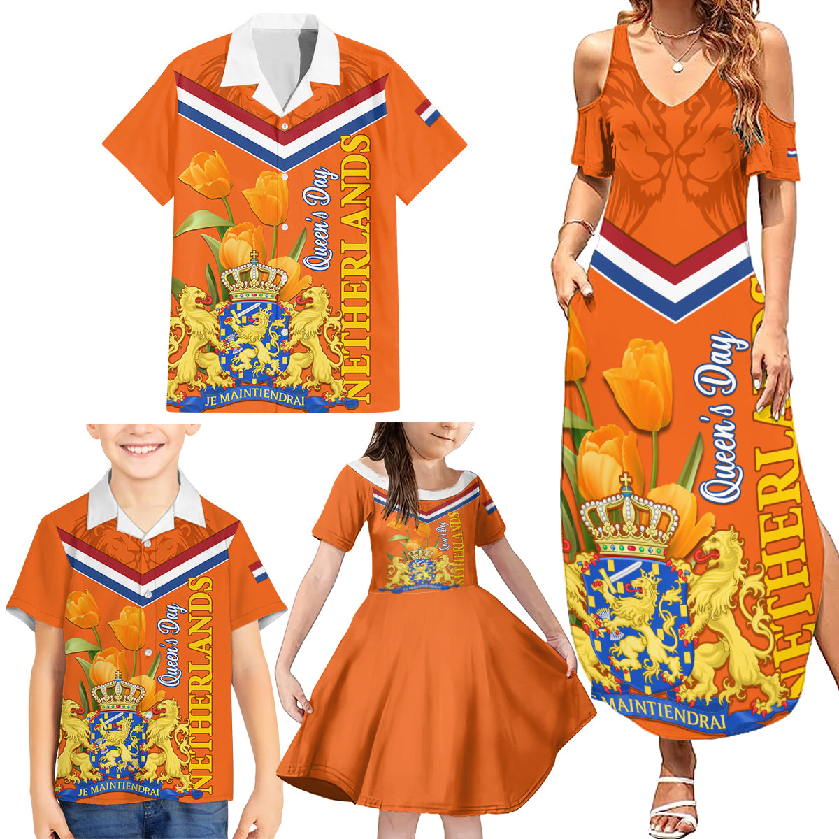 Netherlands Queen Day 2024 Family Matching Summer Maxi Dress and Hawaiian Shirt Nederland Koningsdag Orange Tulips