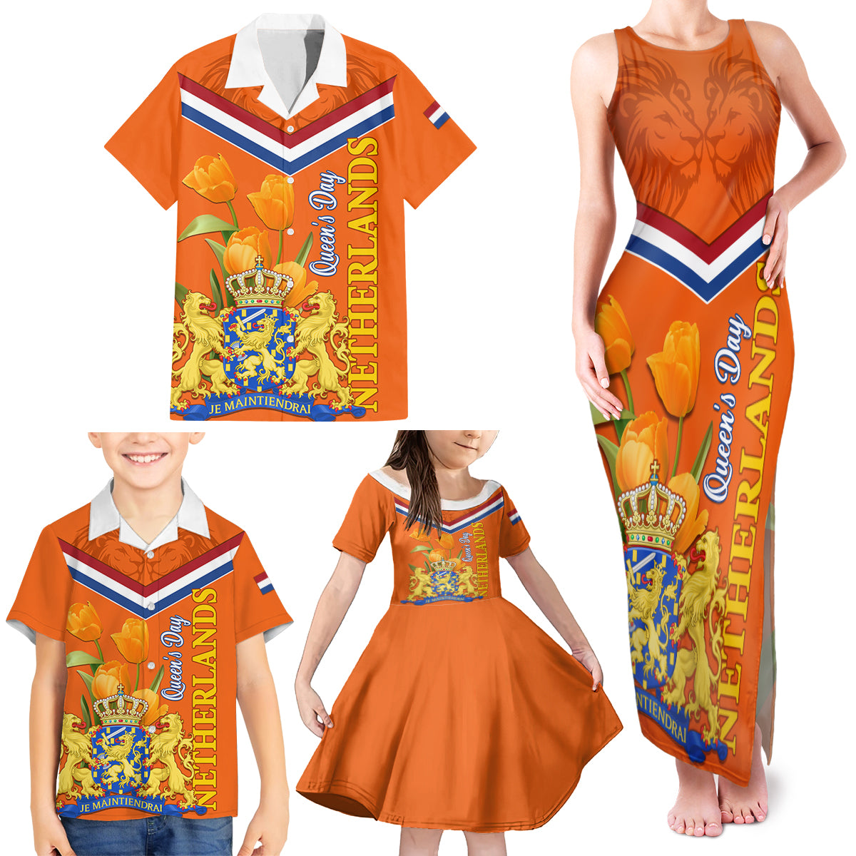 Netherlands Queen Day 2024 Family Matching Tank Maxi Dress and Hawaiian Shirt Nederland Koningsdag Orange Tulips - Wonder Print Shop
