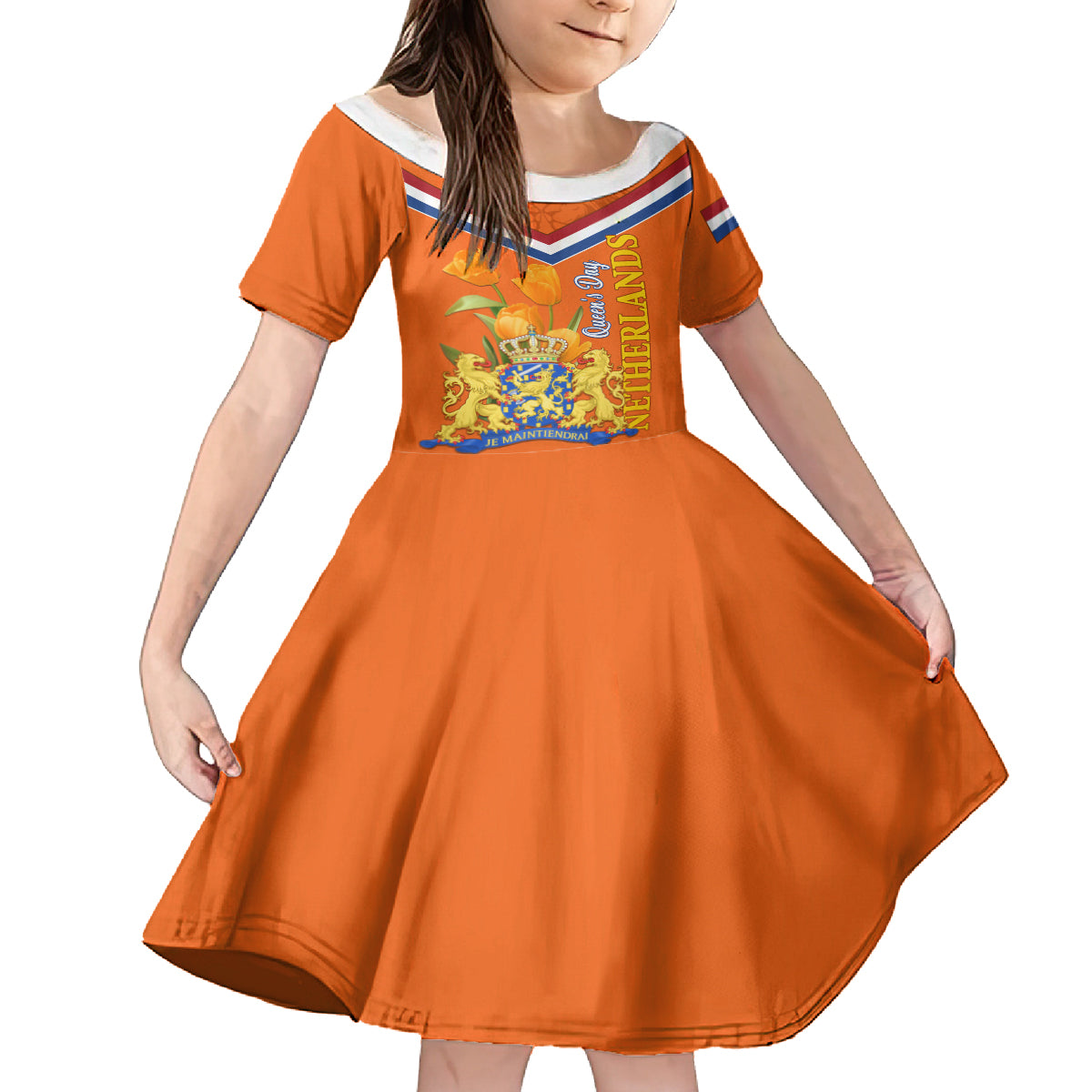 Netherlands Queen Day 2024 Kid Short Sleeve Dress Nederland Koningsdag Orange Tulips