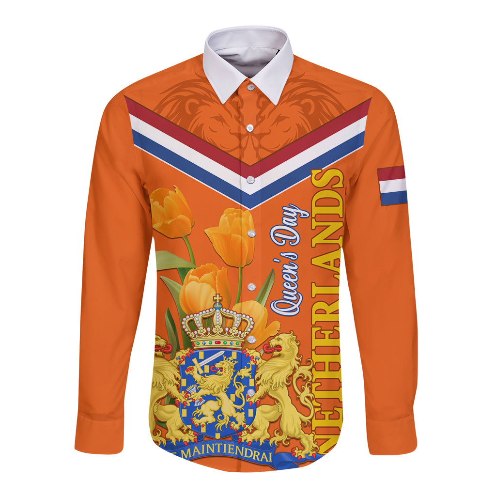 Netherlands Queen Day 2024 Long Sleeve Button Shirt Nederland Koningsdag Orange Tulips - Wonder Print Shop