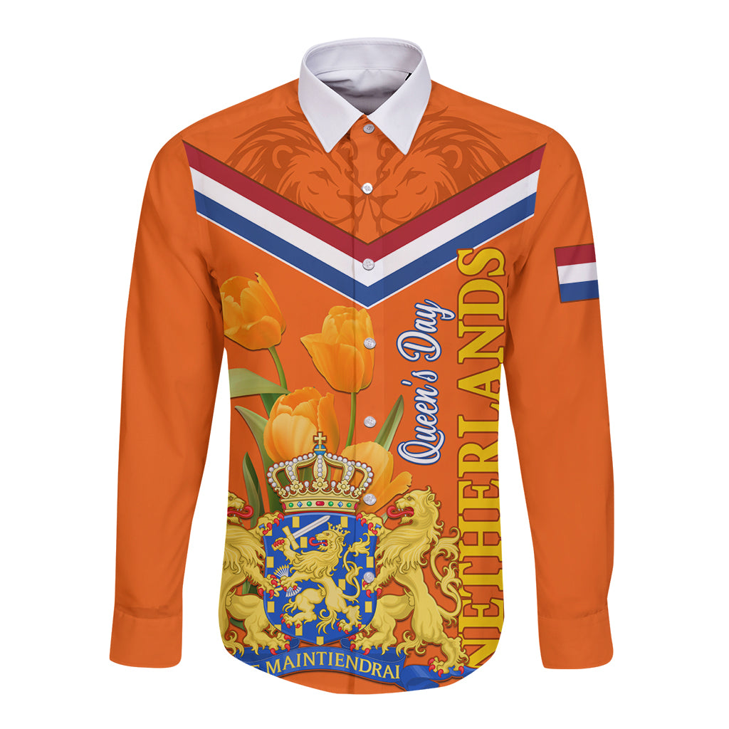 Netherlands Queen Day 2024 Long Sleeve Button Shirt Nederland Koningsdag Orange Tulips